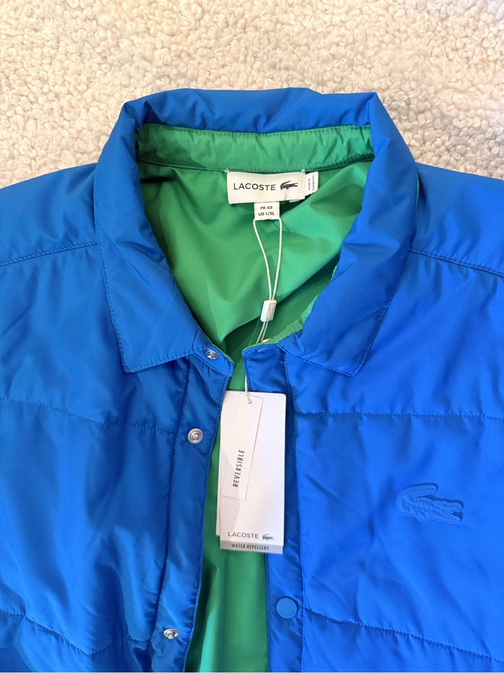 Lacoste Men's Bright Blue Puffer with Green Interior
